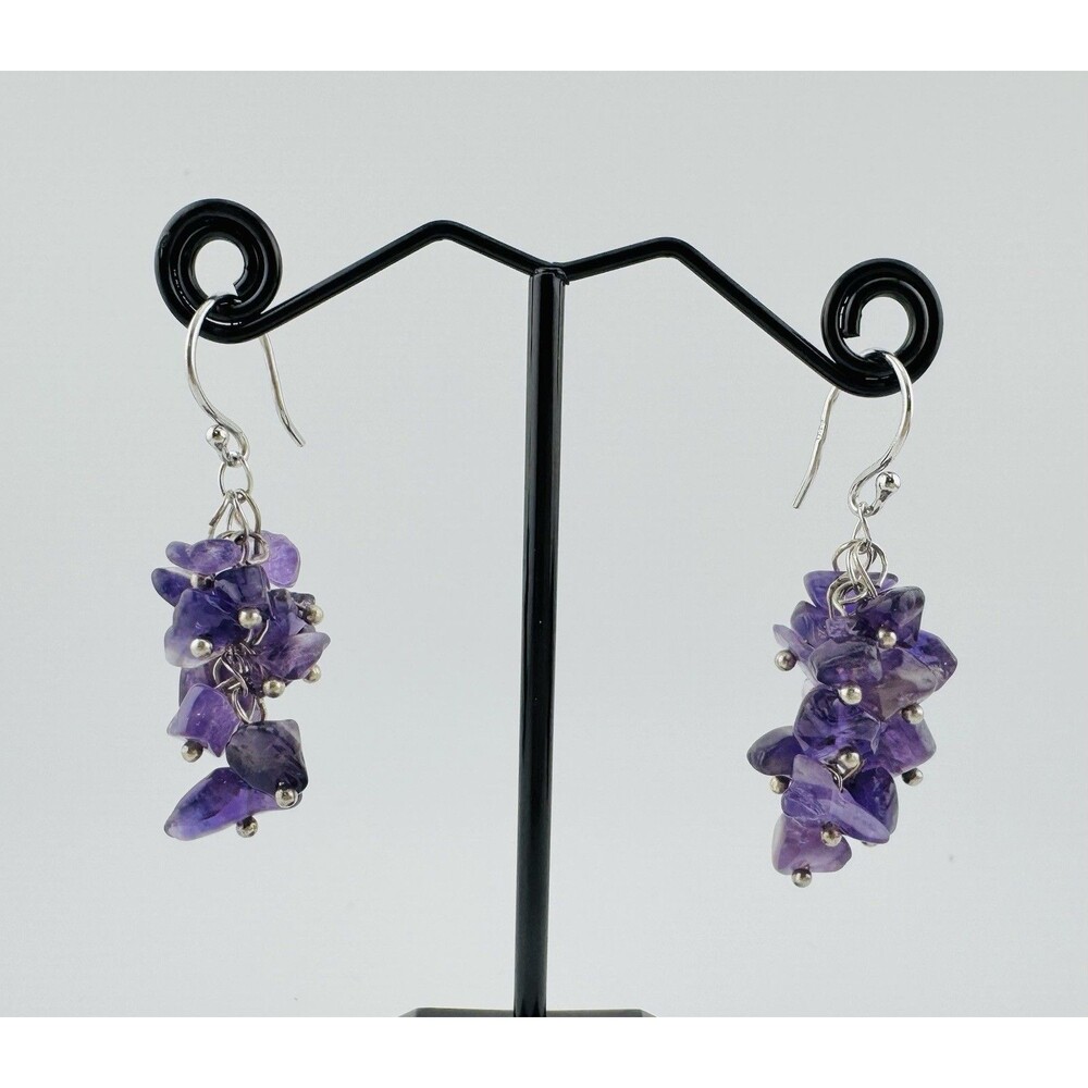 Sterling Silver Amethyst Chip Dangle Earrings 1.75 Inch Drop